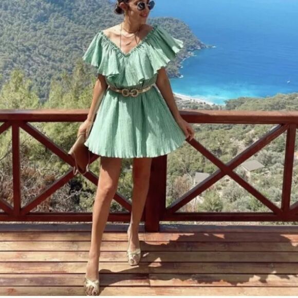 ZARA green Voluminous Pleated Dress - Picture 13 of 17